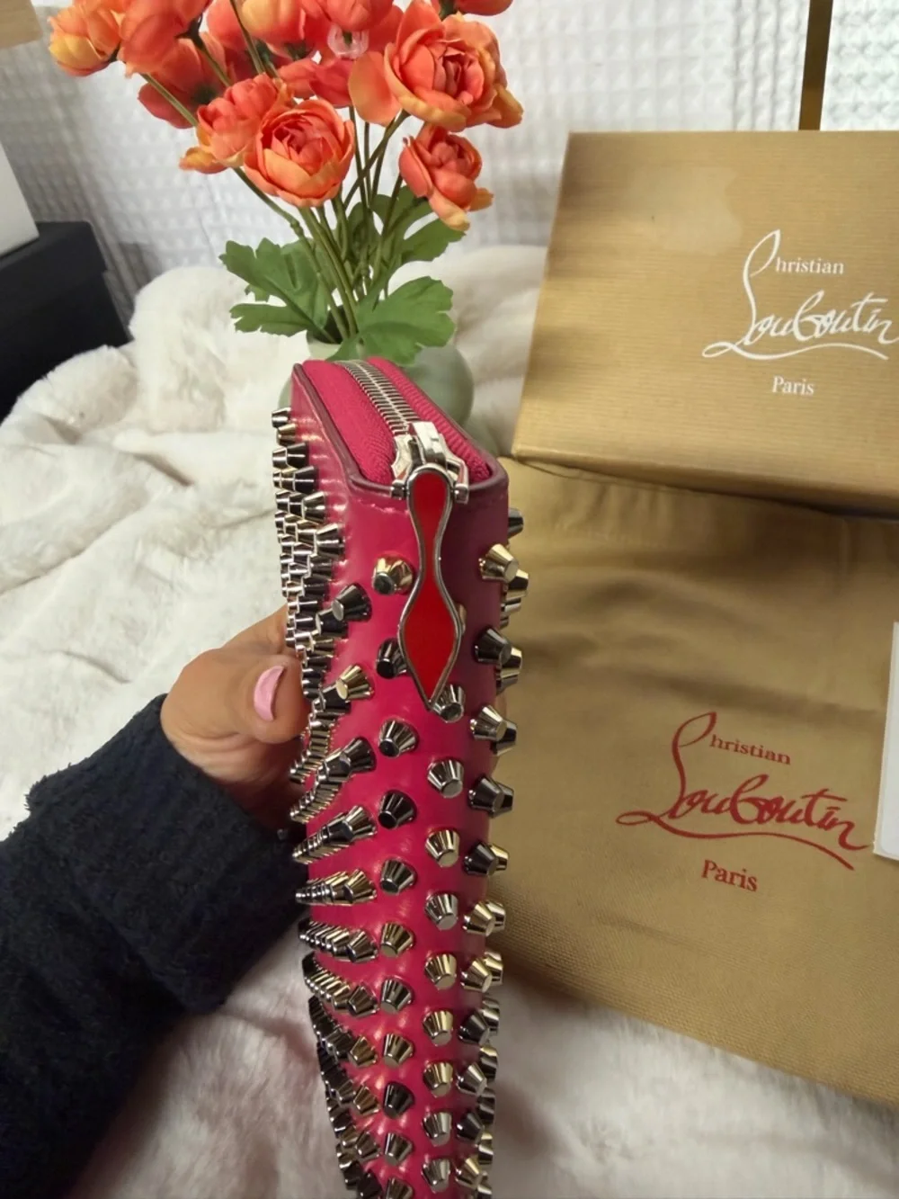 Christian Louboutin Studded Panettone Zip Around Wallet Pink Spiked Leather